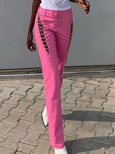 Women Fashion Loungewear Trousers, All Match Spring Summer Solid Hollow Straight Pants, Bandage Elegant Ladies Pants Streetwear