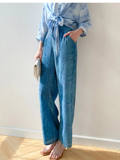 Women Pants 100% Mulberry Silk 16 momme Blue Jeans Printed Pocket Wide Leg Long Trousers Elastic Waist Office Lady M L XL MM858