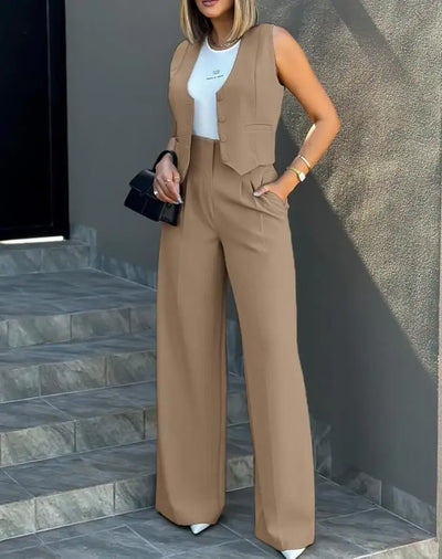 Trousers Suit Women's Vest Trousers Suit Elegant Loose Regular Work Suit High Waist Wide-leg Trousers 2-piece Street Suit