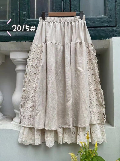 Vintage Chic Embroidery Linen Cotton Long Skirts Women Summer Elastic High Waist Pleated Maxi Skirt Female Elegant A-Line Skirt
