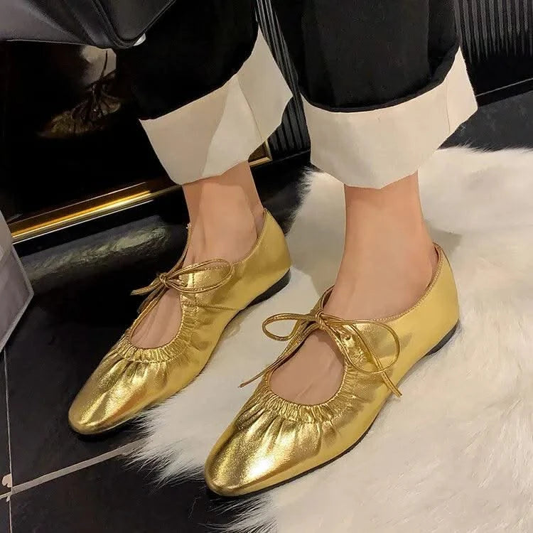 Women Ballet Leather Narrow Band Flat Shoes  Bling Silver,  Gold Footwear