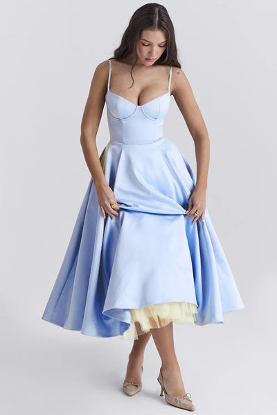Women's Summer Long Dresses Elegant Lady Maxi Dress O-Neck Blue Dress High Waist Party Dresses for Female Sexy Hoilday Sundress