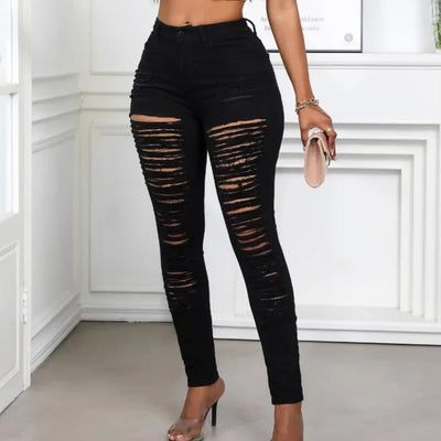 Women's Spring and Fall Fashion Elastic Ripped Jeans Women Casual Close-fitting High-waisted Denim Small Leg Pants Pencil Pants