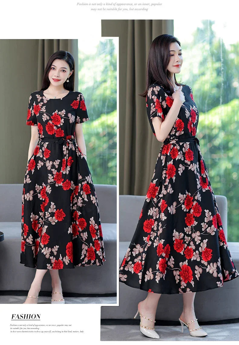 New Fashion 2024 Print Summer Dresses For Women Short Sleeve O-Neck Elegant Summer Dress Woman Clothing