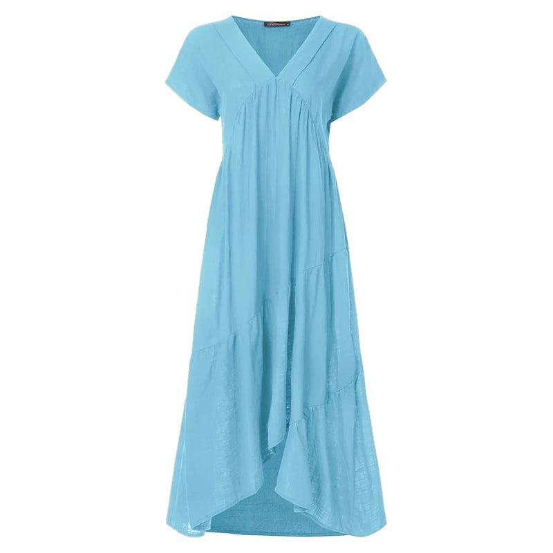 Bohemian Summer Dress for Women V Neck Vestidos Ladies Streetwear Solid Ruffle Dresses Asymmetrical Loose Robe Women Clothing