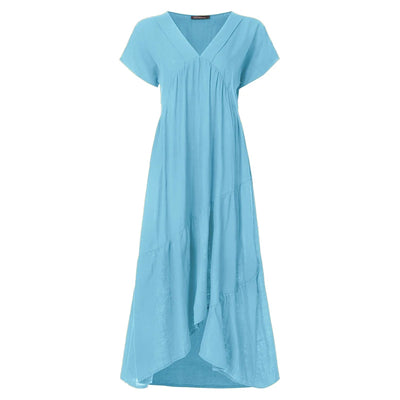 Bohemian Summer Dress for Women V Neck Vestidos Ladies Streetwear Solid Ruffle Dresses Asymmetrical Loose Robe Women Clothing