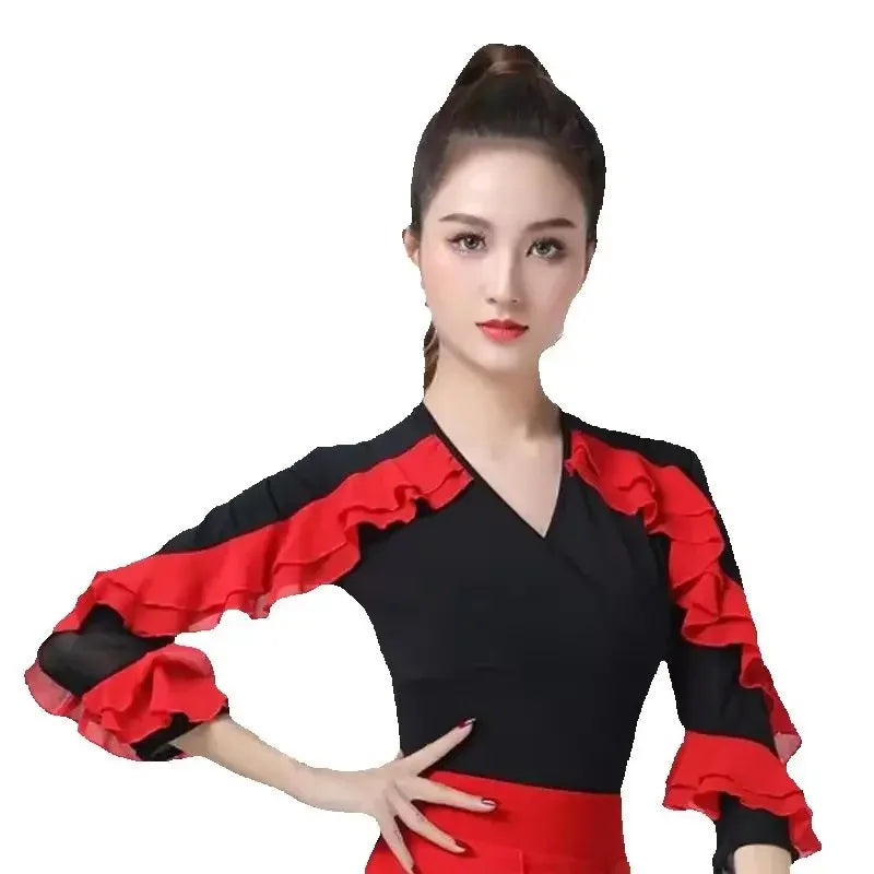 Women Dance Wear Latin V Neck Tops Line Dance Costume New Product Long Sleeve Ballroom Waltz Professional Competition Samba Tops