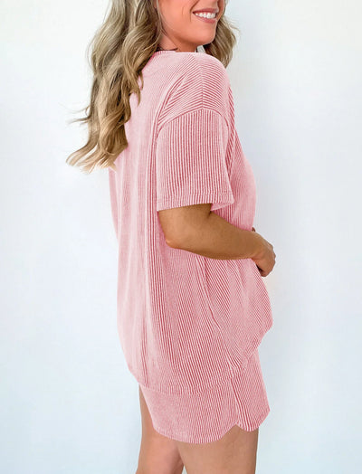 Women's clothing 2025 summer short-sleeved wavy crew neck top, elastic waist shorts two-piece set