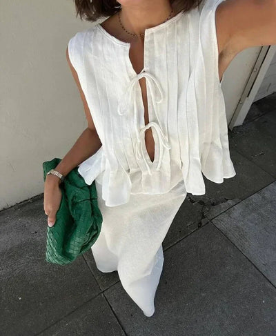 Fashion Bow Lace Up Shirts Women Cotton Linen Hollow Out Sleeveless Pleated Blouses Woman 2025 Summer New Casual Lady White Tops