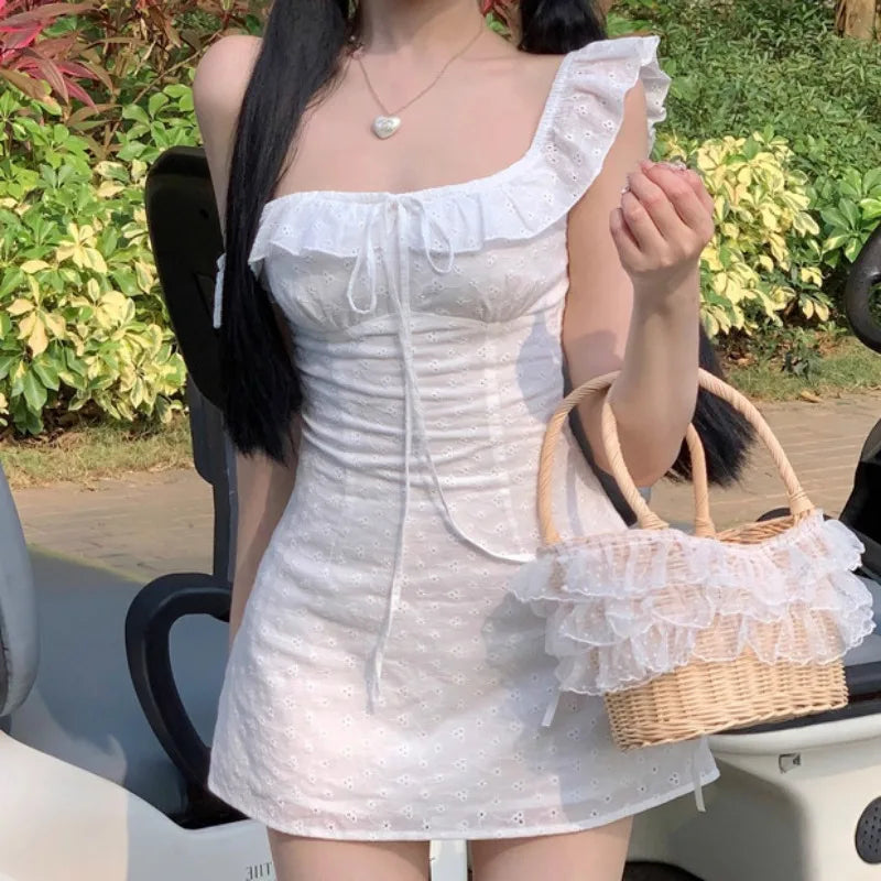 A-line Dresses for Women Skinny Solid Flying Sleeve Summer Korean Style Chic Girls Square Collar Ins Lace-up Mini Lovely