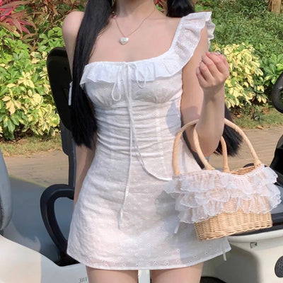 A-line Dresses for Women Skinny Solid Flying Sleeve Summer Korean Style Chic Girls Square Collar Ins Lace-up Mini Lovely