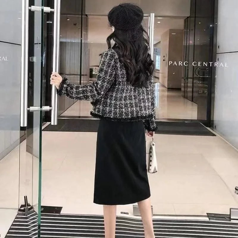 Luxury Tweed Jacket Women Coat Long Sleeve Tweed Blazer Crop Jacket Short Tops Plaid Pockets Office Ladies Clothing New