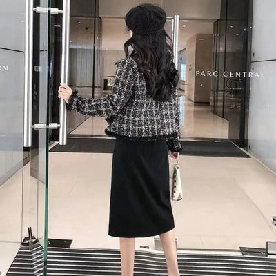 Luxury Tweed Jacket Women Coat Long Sleeve Tweed Blazer Crop Jacket Short Tops Plaid Pockets Office Ladies Clothing New