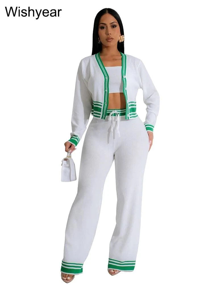 Casual Active Wear Knitted Tracksuit Women 3 Piece Set Sporty Fitness Striped Top + Bra+ Wide Leg Pants Outfits Jogging Femme