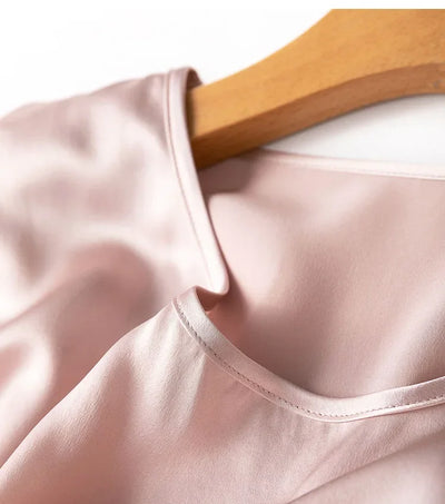 Women Midi Dress 100% Mulberry Silk 20 Momme Crew neck belted waist Solid Color Light Pink A Line Long Dress MM883