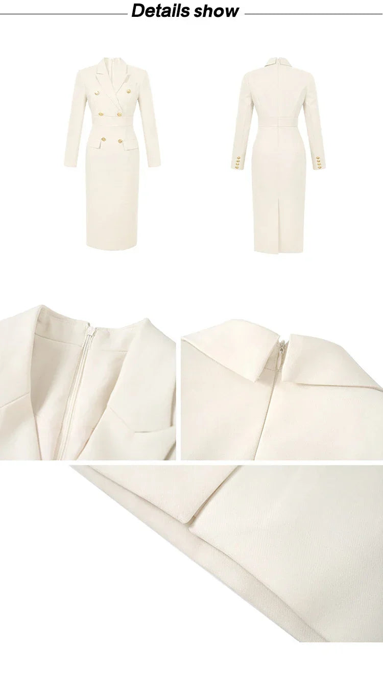 Fashion Elegant Midi Dress Women's Professional Business Style Long Sleeve Double Breasted Slit Robe Office Lady Work Vestidos