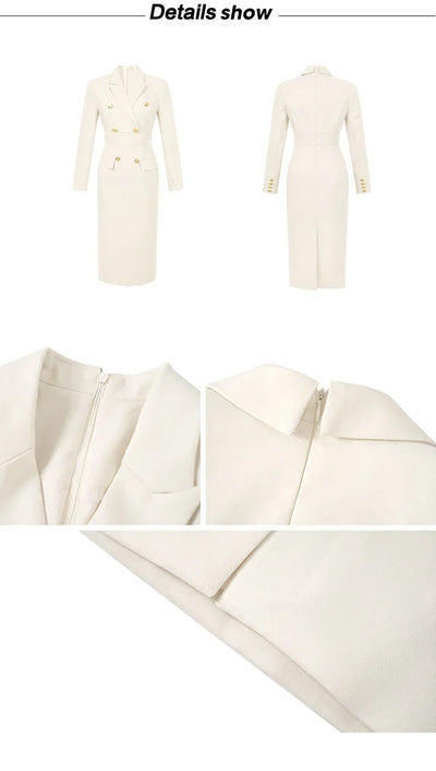 Fashion Elegant Midi Dress Women's Professional Business Style Long Sleeve Double Breasted Slit Robe Office Lady Work Vestidos
