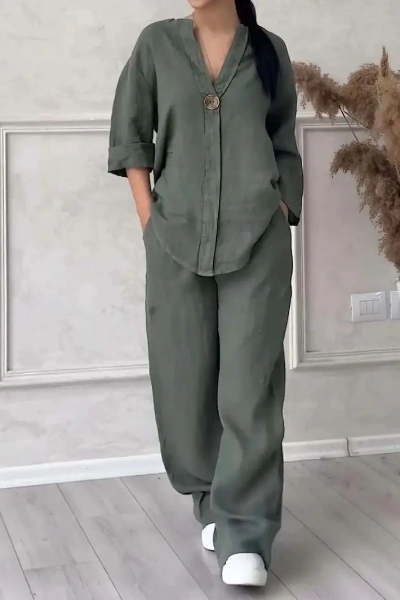 Comfortable Loose Cotton Linen Women's two pieces set Top Wide Leg Pants Casual  Fashion Set Suits Spring Summer Wear Outfits