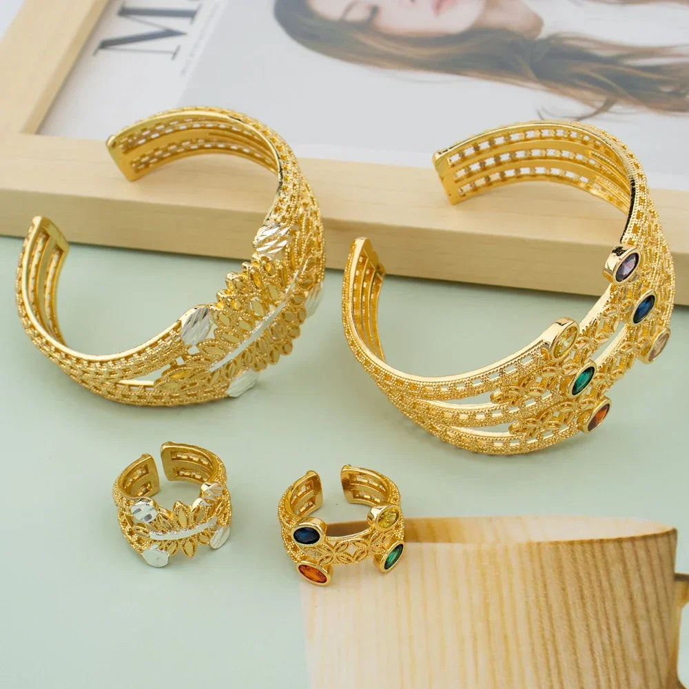 Luxury Bracelet Rings Dubai France Female 18k Gold Color Bangles For Women Bride Bangles Wedding Bracelet with Rings