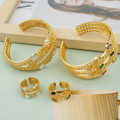 Luxury Bracelet Rings Dubai France Female 18k Gold Color Bangles For Women Bride Bangles Wedding Bracelet with Rings