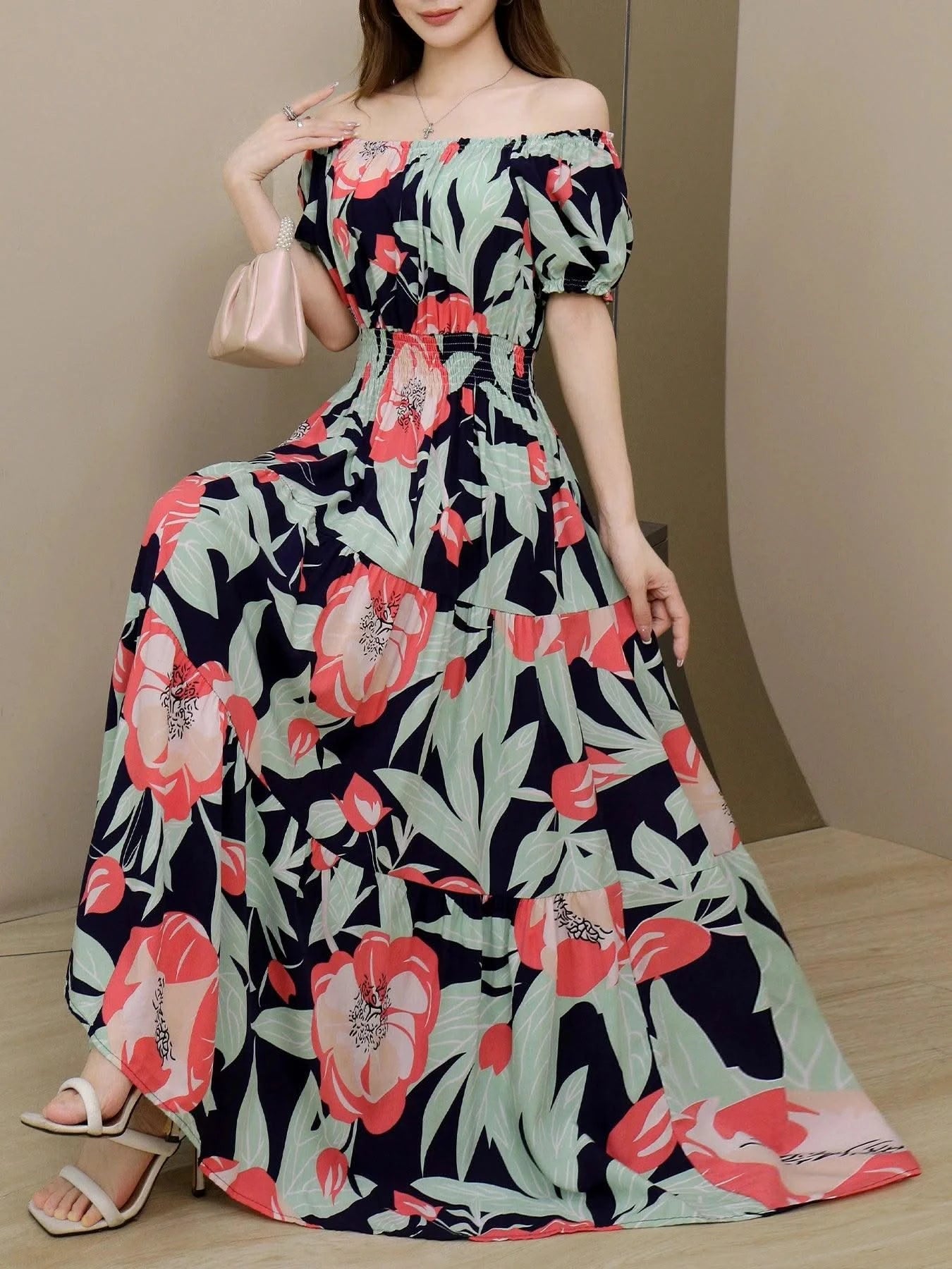 Women's Floral Summer Fashion Women's Print One-line Shoulder Dress Summer Beach Vacation Dress Causul Dress for Women