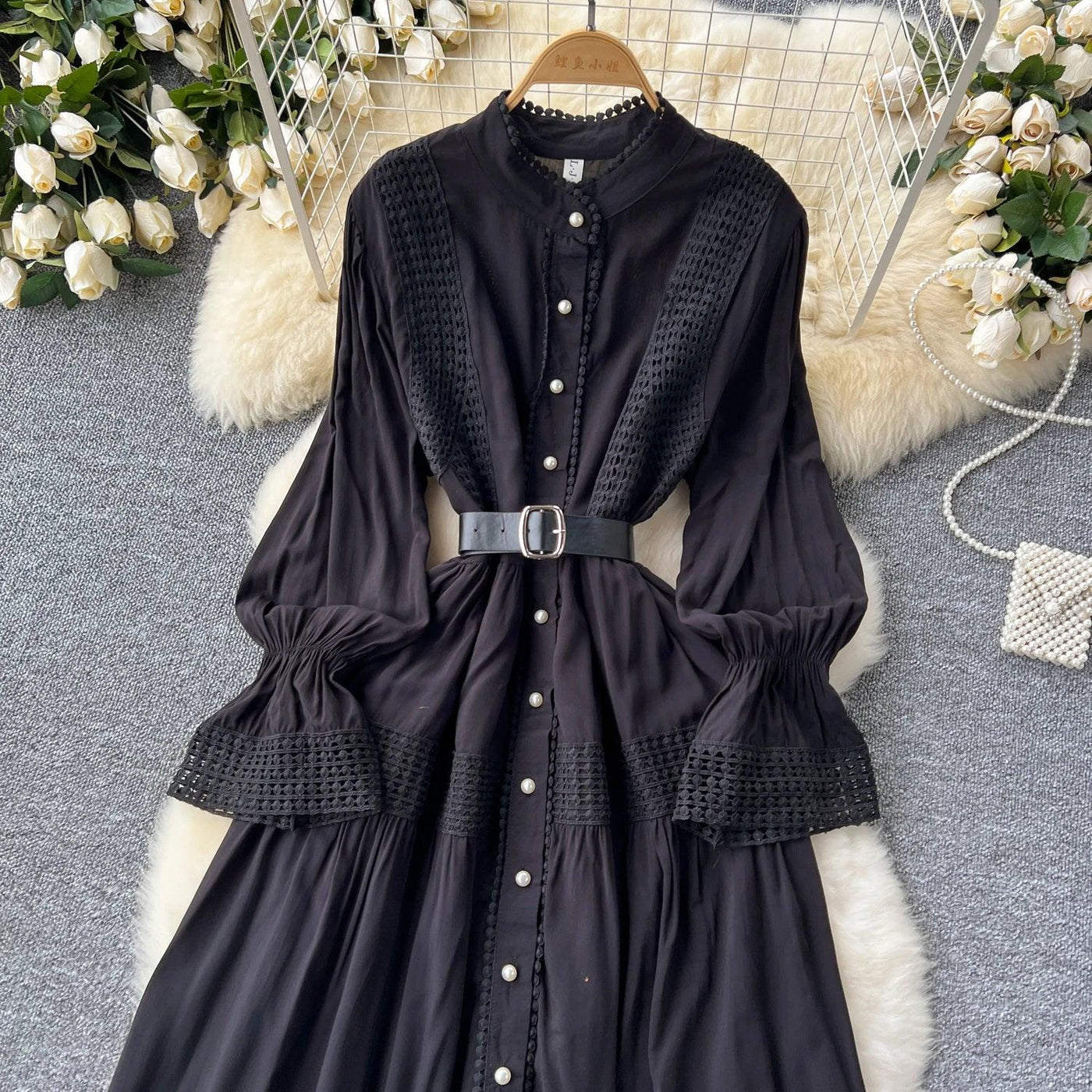 Retro Elegant Summer Stand Collar Flare Sleeve Single Breasted Lace Spliced Dress A-line French Evening Party Women Dresses