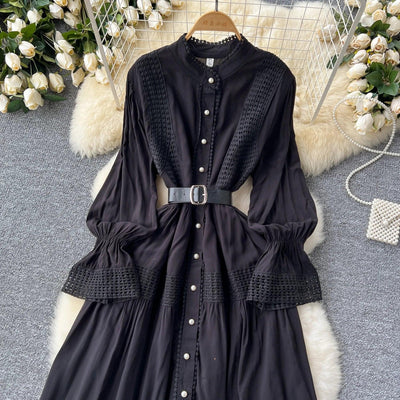Retro Elegant Summer Stand Collar Flare Sleeve Single Breasted Lace Spliced Dress A-line French Evening Party Women Dresses