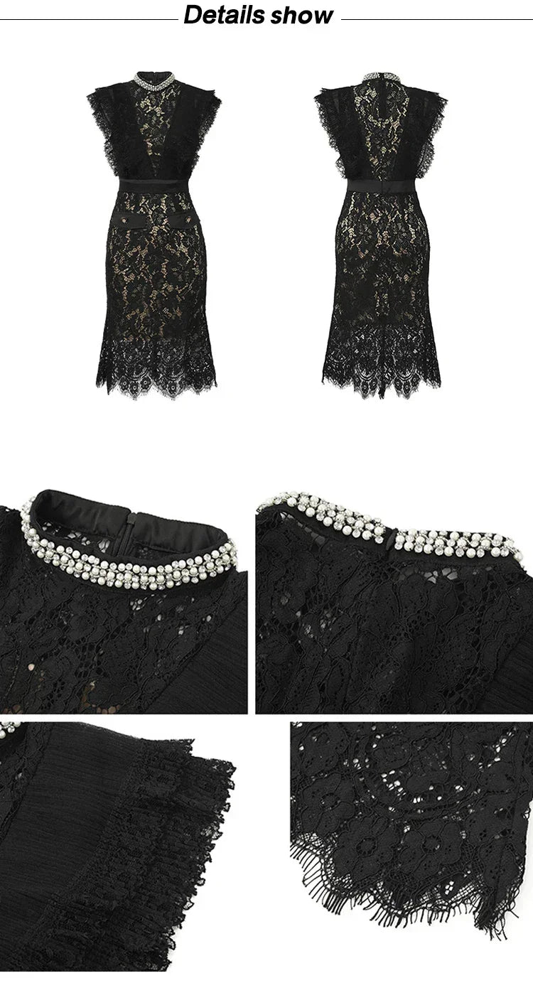 Women's French Noble Elegant Prom Dresses Black Lace Sheer Perspective Diamond High Waist Fishtail Robe Party Banquet Vestidos