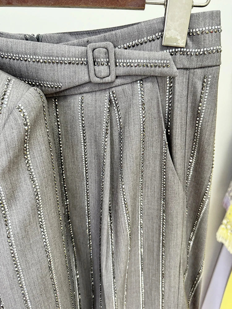 Women Pants Two Piece Sets Women Gray Rhinestone Single Button Blazer + Sparkle Striped Diamonds Pants Suits Evening Party Club