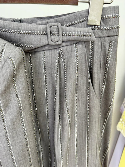 Women Pants Two Piece Sets Women Gray Rhinestone Single Button Blazer + Sparkle Striped Diamonds Pants Suits Evening Party Club
