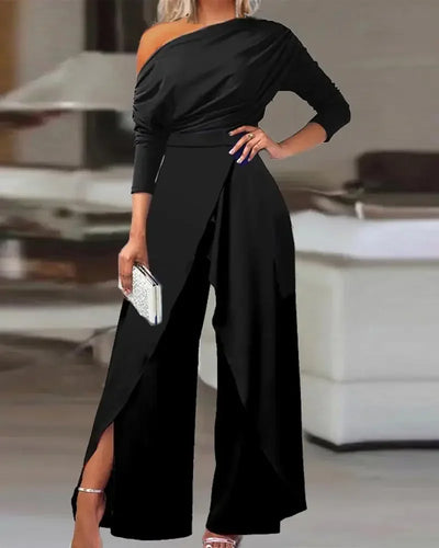 Jumpsuits for Women 2025 Elegant New Fashion Plain Elegant Office Lady Loose Ruched Cold Shoulder Split Hem Wide Leg Jumpsuit