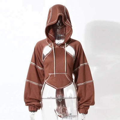 Women Hooded Sweatshirt Color Clashing Bright Line Short Top Ladies Fashion Layering Hoodie Long Sleeved tops New