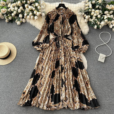 Retro Print Elegant Pleated Lantern Long Sleeve O Neck Single Breasted Dress A-line  Casual High Waist Women Summer Dresses