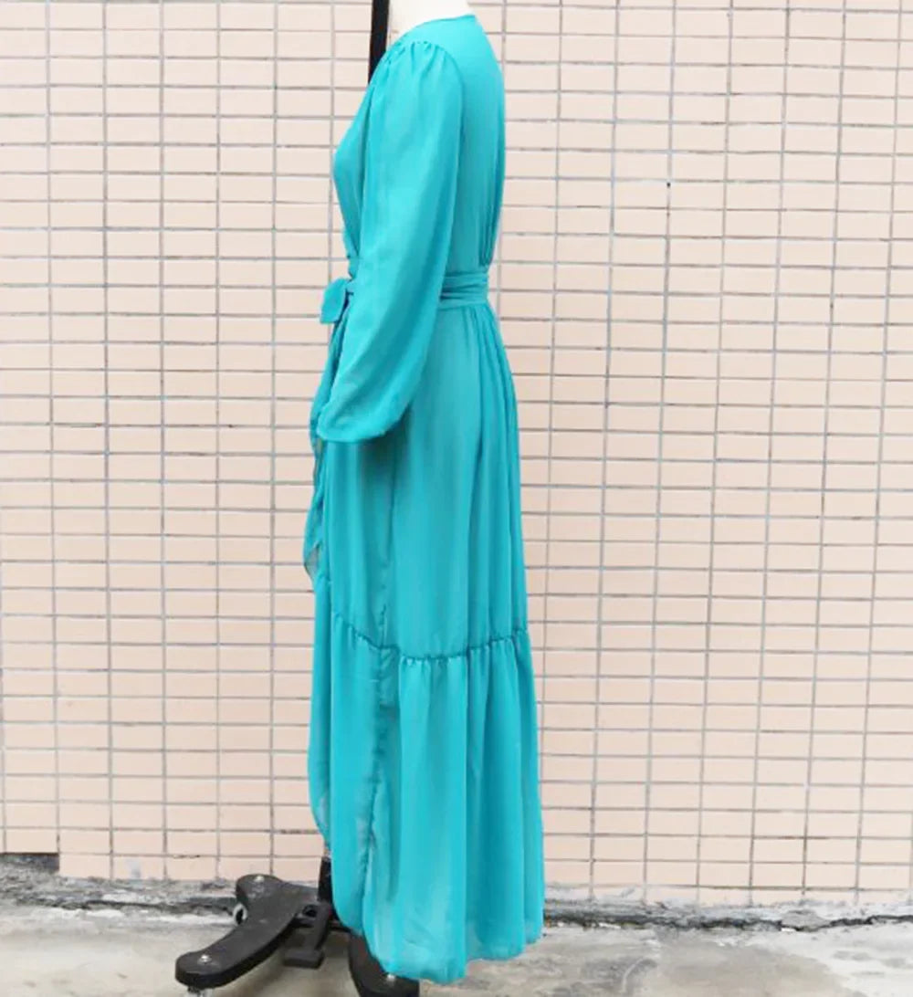 2024 New Lace Up Bikini Cover Ups for Women Maxi Dresses Solid Long Sleeve Beach Dress