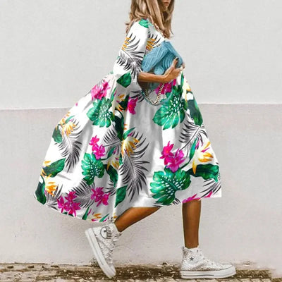 Women's Summer New Mid Sleeve Round Neck Fashionable Printed Bohemian Seven Sleeve Casual Loose Dress For Women