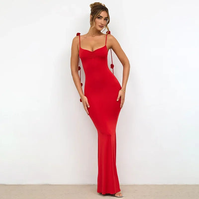 Summer Women Long Dresses Elegant Solid Color 3D Flower Decorated Straps Sleeveless Neck Wrap Maxi Evening Patry Dress