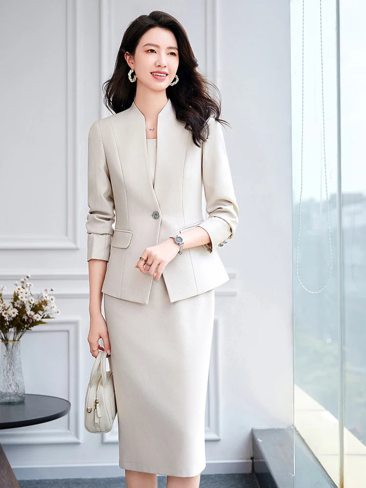 NAVIU 2025 Women Office Dress Set Monochromatic Slim Fit Suit Stand Collar Single Button Fashion New 2 Pcs Brazer and Dresses