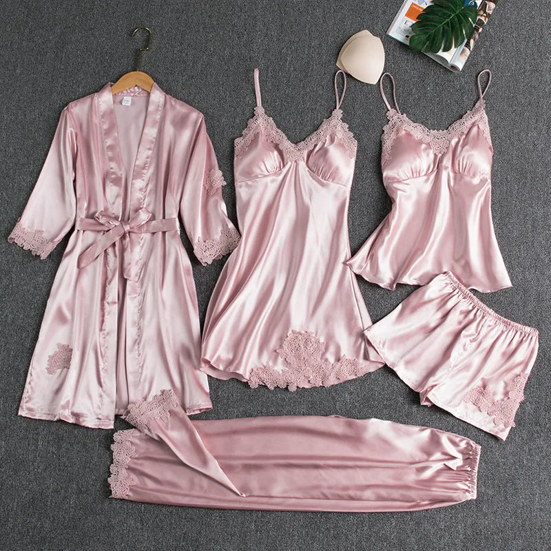 Women's Summer Sexy Pajama Pants Set 5 Pieces Nightgown Nightdress Top Shorts Pants Set Lace Satin Silk Sleepwear Robe Sleepwear
