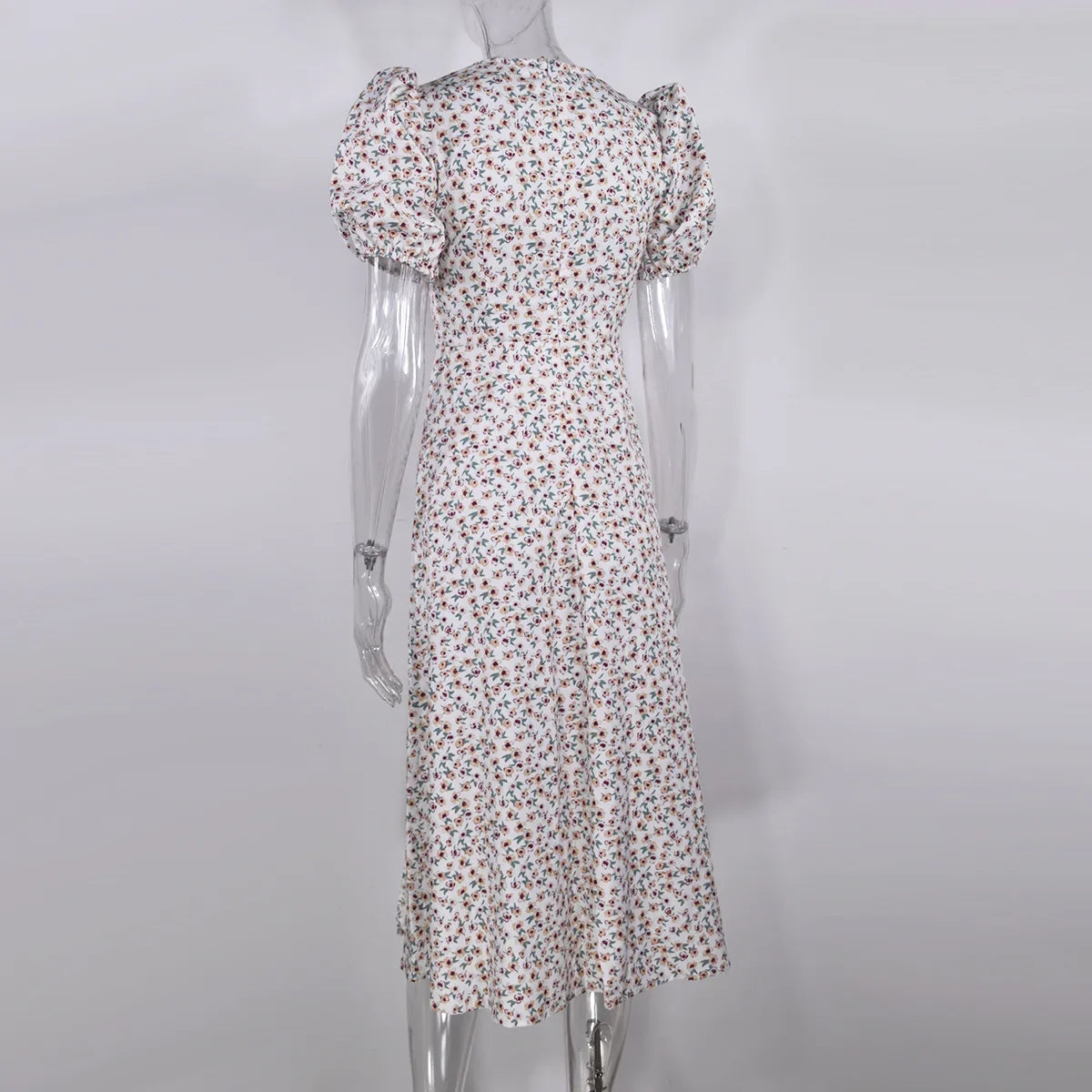 Summer Midi Dress For Women 2025 New Fashion Streetwear Square Neck Puff Sleeve Print Dress Woman Casual Split Dresses Sundress