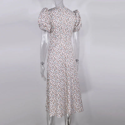 Summer Midi Dress For Women 2025 New Fashion Streetwear Square Neck Puff Sleeve Print Dress Woman Casual Split Dresses Sundress