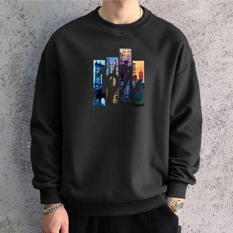 Men White Graphic Sweatshirts 1976 Printed Long Sleeve T-shirt Cotton Hiphop Tees Sports Top Men Clothing Comfortable Breathable
