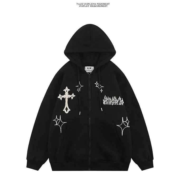 Hooded Sweatshirt Men's Women's Cross Embroidery Couple Trend Street Loose Hoodies for Men Clothing Youth Autumn Spring