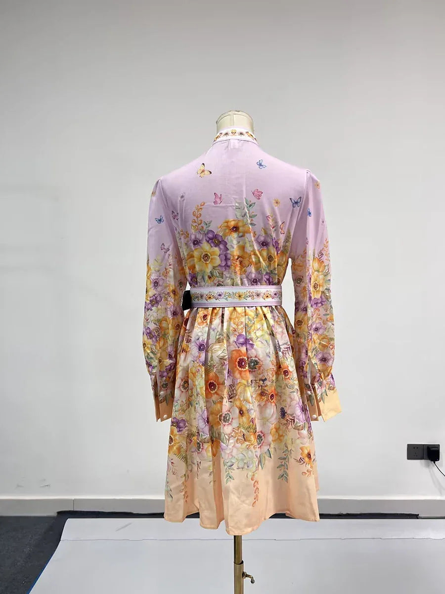TWOTWINSTYLE Floral Printted Chic Dress For Women O Neck Long Sleeve Patchwork Sashes Temperament Dress Female Fashion KDR523818