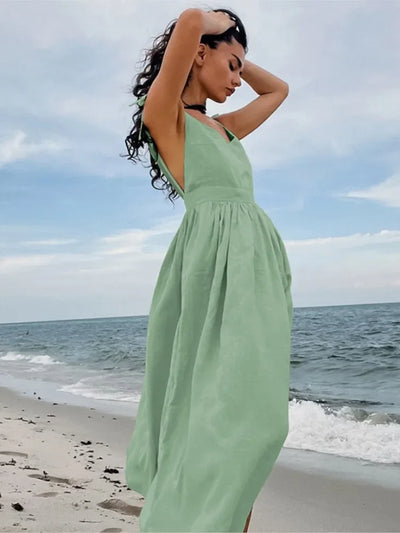 Cotton Linen Solid Color Spaghetti Strap Dresses Women Fashion Leace-up V-neck Backless Beach Vacation Long Dress Female New