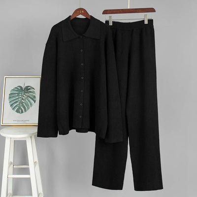 2025 Autumn Street Outfits Knitted Cardigan Pants Sets Women Single Breasted Lapel Sweater High Waist Wide Leg Trousers Suit