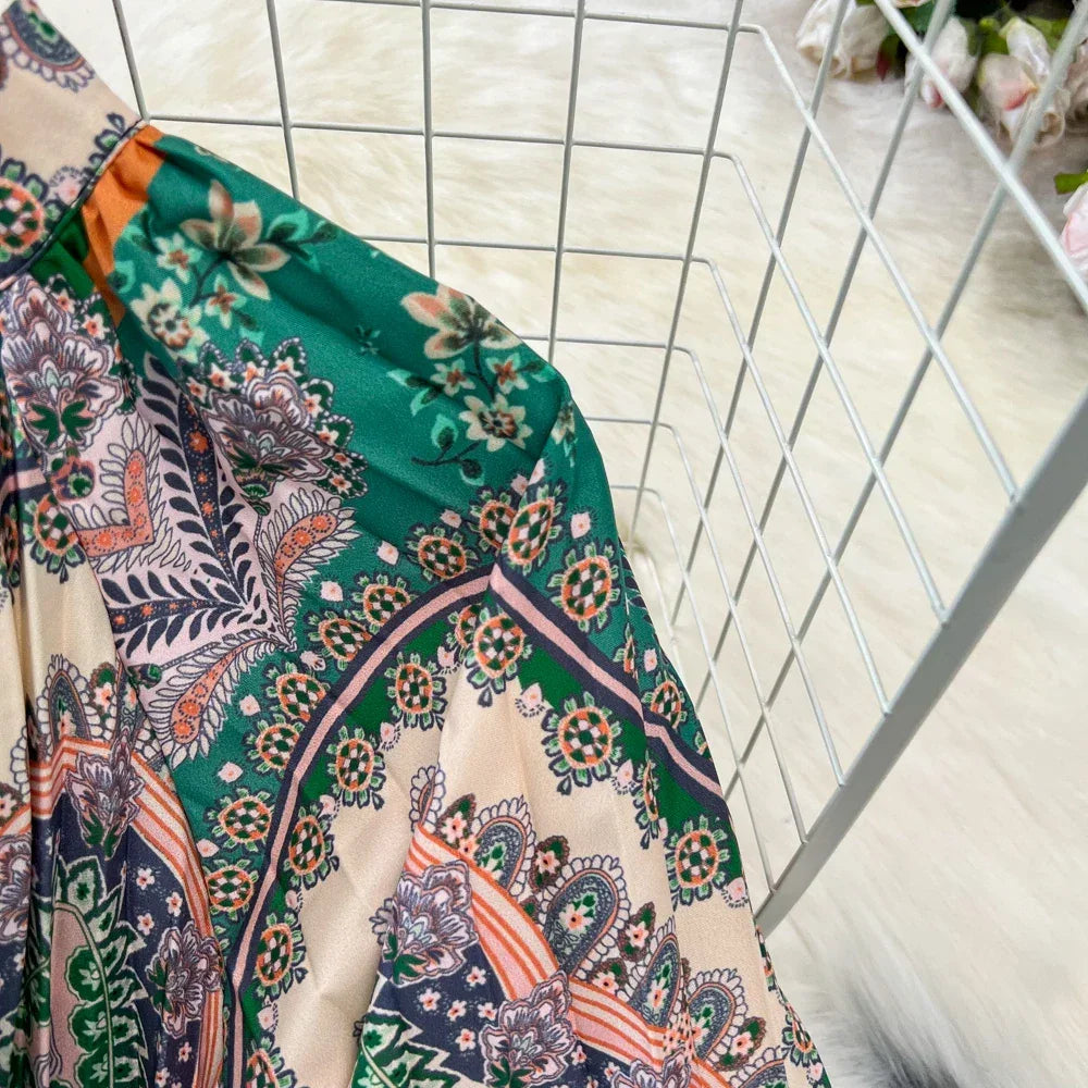Retro Elegant Sashes O Neck Single Breasted Print Dresses Long Lantern Sleeves A-line Casual High Waist Women Autumn Clothing
