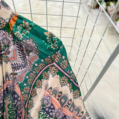 Retro Elegant Sashes O Neck Single Breasted Print Dresses Long Lantern Sleeves A-line Casual High Waist Women Autumn Clothing