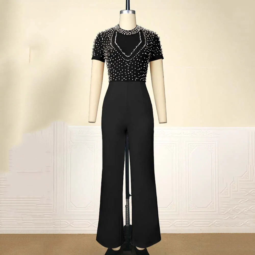 Elegant Jumpsuits & Rompers for Women O Nec Short Sleeve Beaded High Waisted Luxury Female Birthday Dinner Party Overalls Outfit