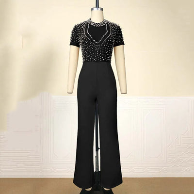 Elegant Jumpsuits & Rompers for Women O Nec Short Sleeve Beaded High Waisted Luxury Female Birthday Dinner Party Overalls Outfit