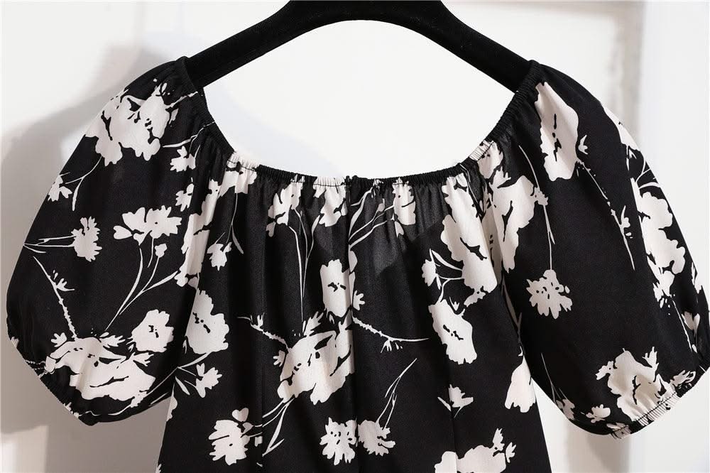 Women Mini Printed Floral Chiffon Shirring Pleated Short Puffy Sleeve Casual Dresses Summer Fashion